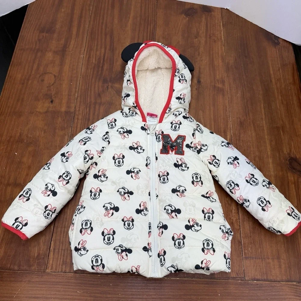 Disney Junior Minnie Mouse Hooded Puffer Jacket White Sherpa Sequin M Size 4T